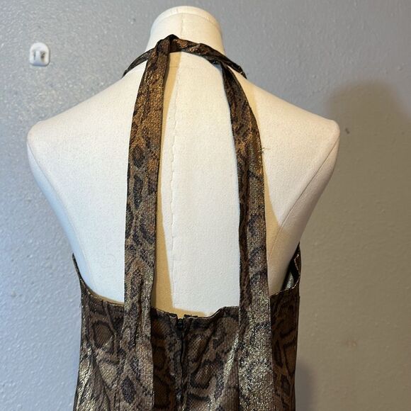 Vintage Lip Service Elegant gold/brown metallic Halter Maxi Dress size L - Picture 4 of 13